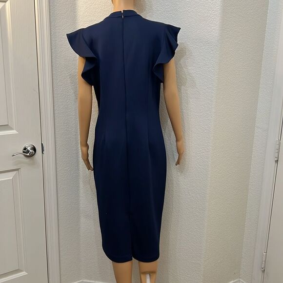 New York & Company Dress Large V Neck Flutter Sleeve Midi Navy Blue Zipper Back - Picture 6 of 12